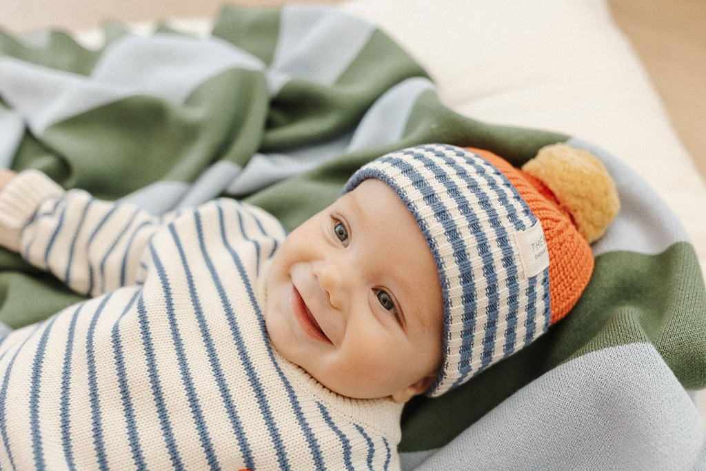 Organic Cotton Chunky Colour Block Beanie - Navy Stripe: M
