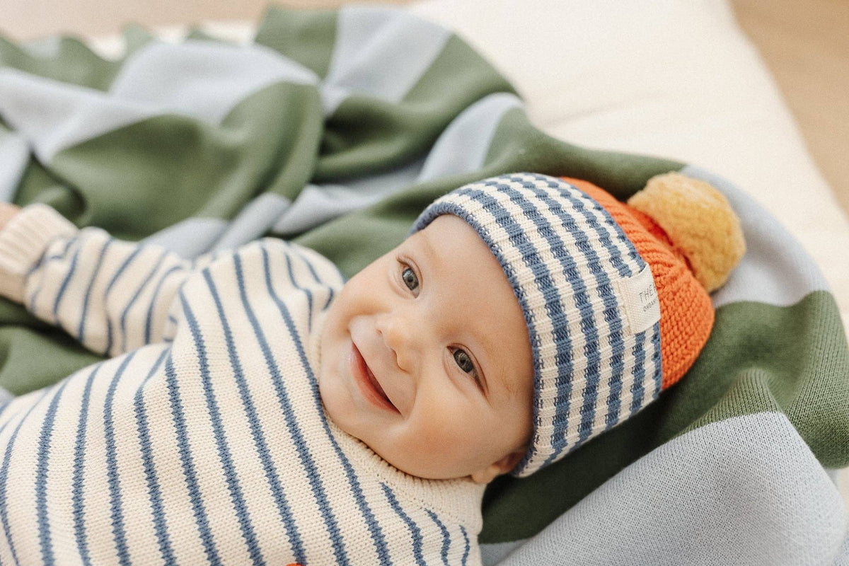 Organic Cotton Chunky Colour Block Beanie - Navy Stripe: M