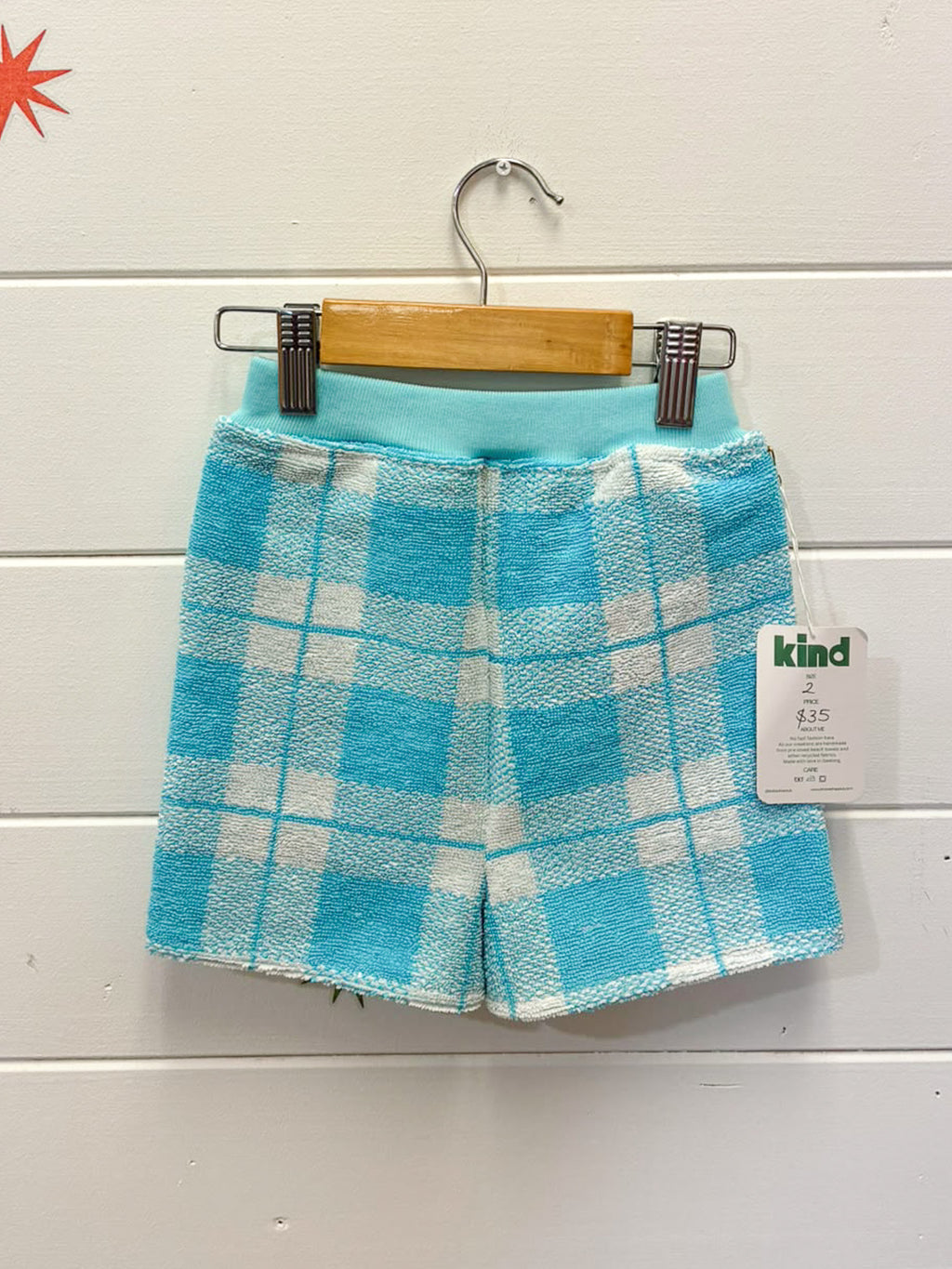 Kind Clothes Club Blue Check Terry Shorts | Size 2