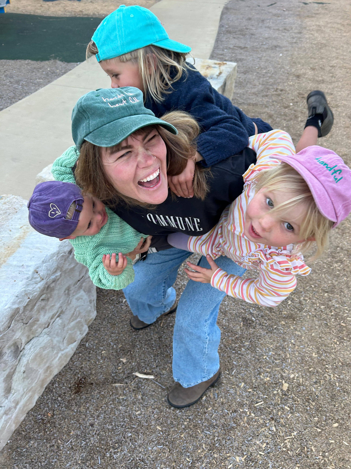 Handful Kids Cap: Teal w/ Red Design