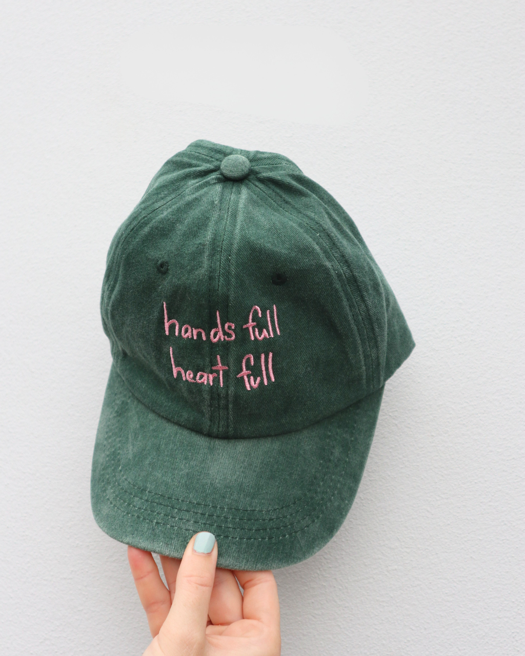 Heart Full Adults Cap: Green w/ Pink Design