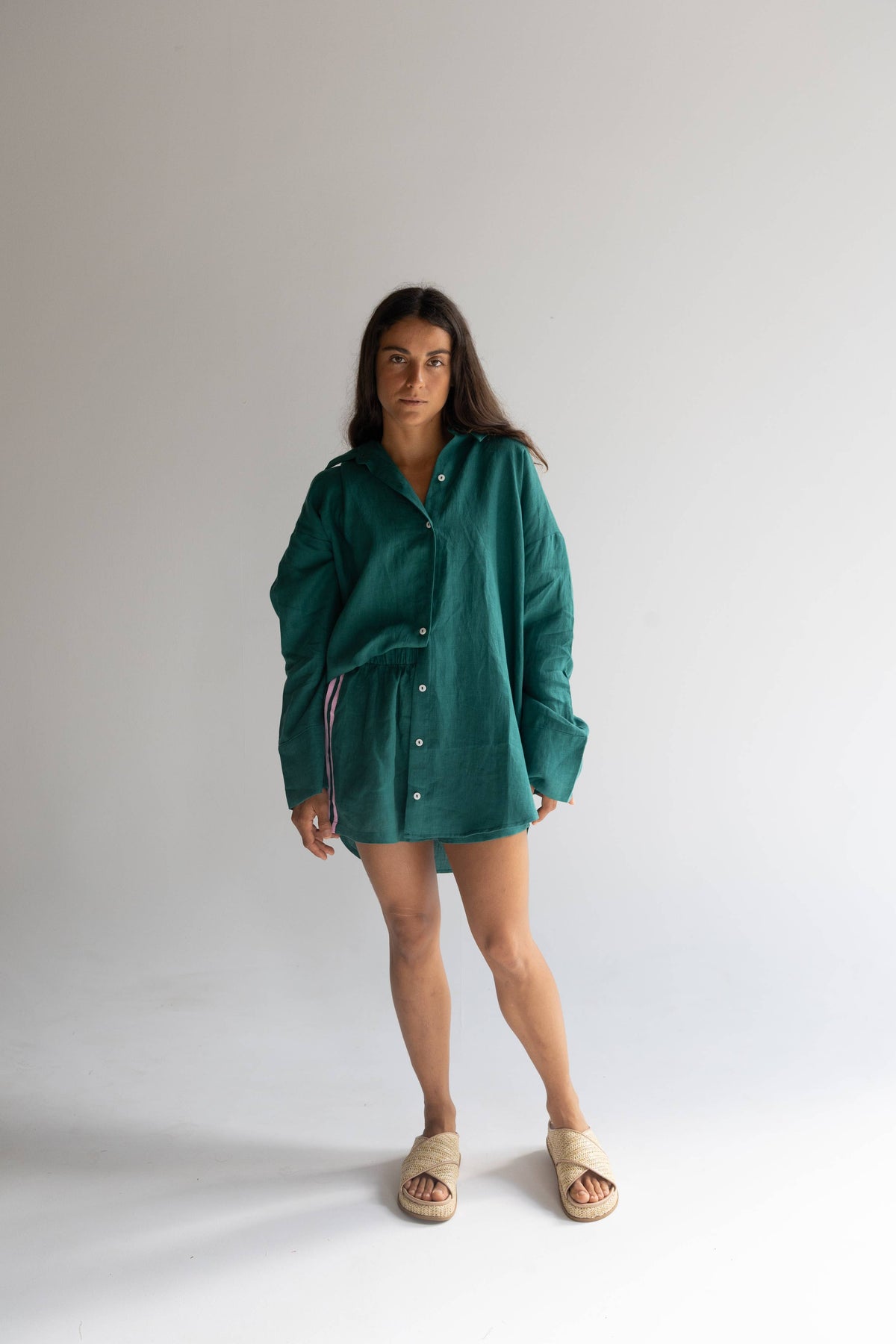Linen Oversized Shirt - Bottle Green