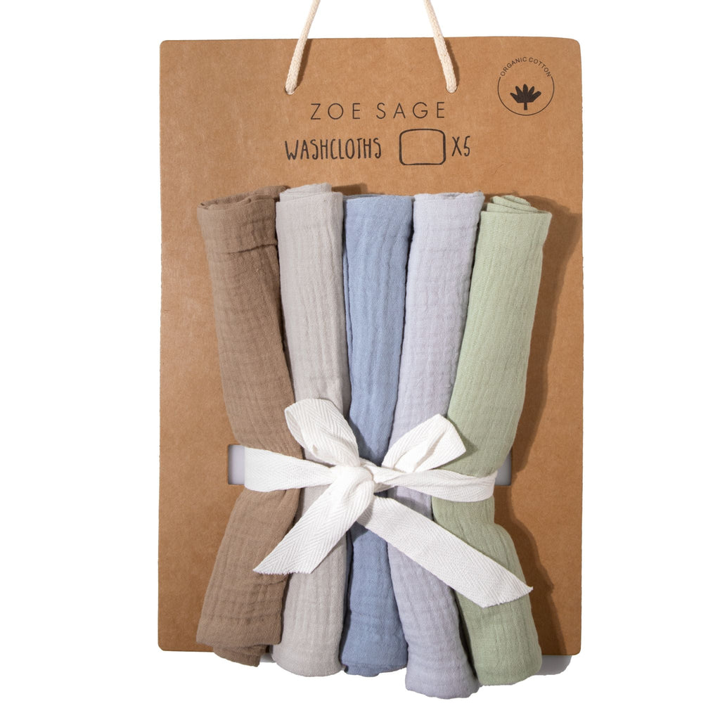 Zoe Sage Organic Muslin Wash Cloths 5 Pack - Earth and Sky