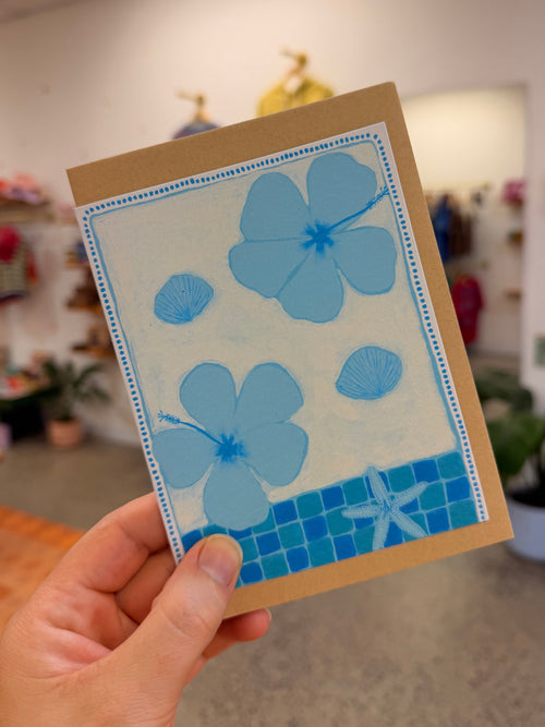 Blue Hibiscus Shell Starfish Greeting Card