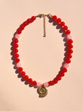 Spiral Shell Red & Pink Beaded Necklace