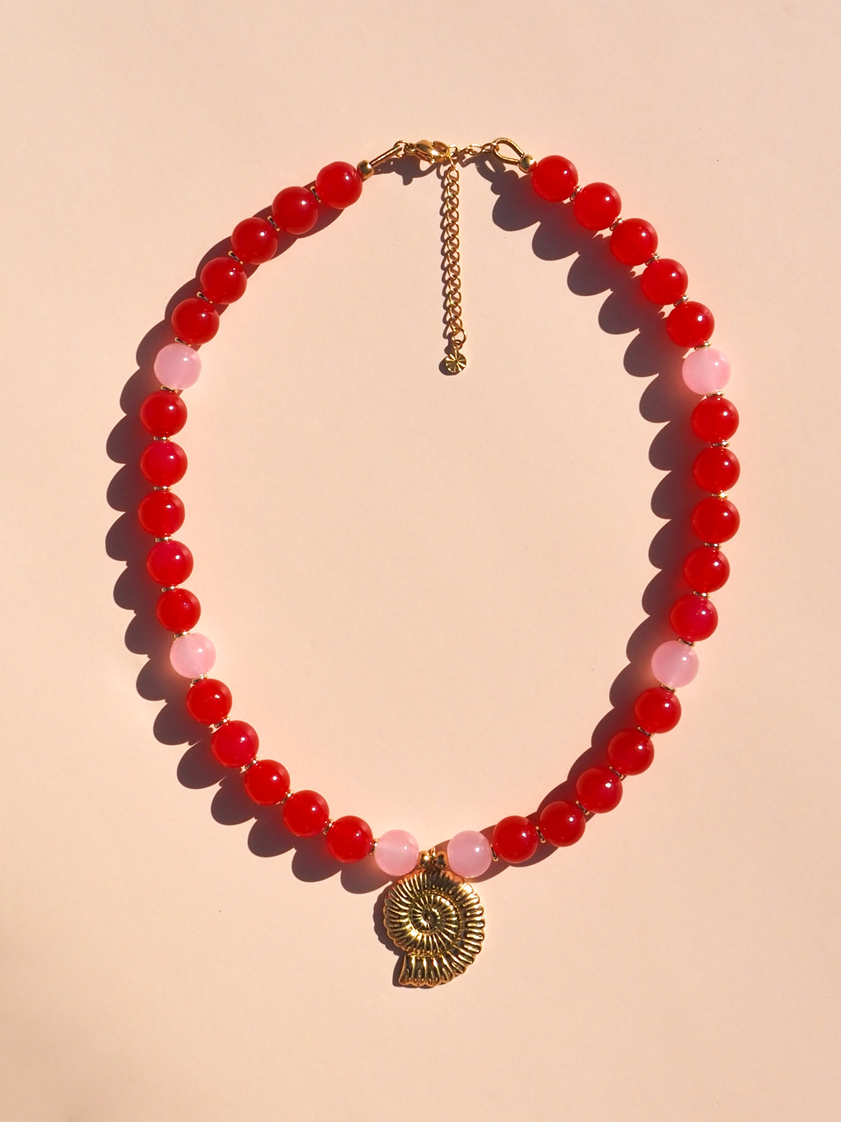Spiral Shell Red & Pink Beaded Necklace