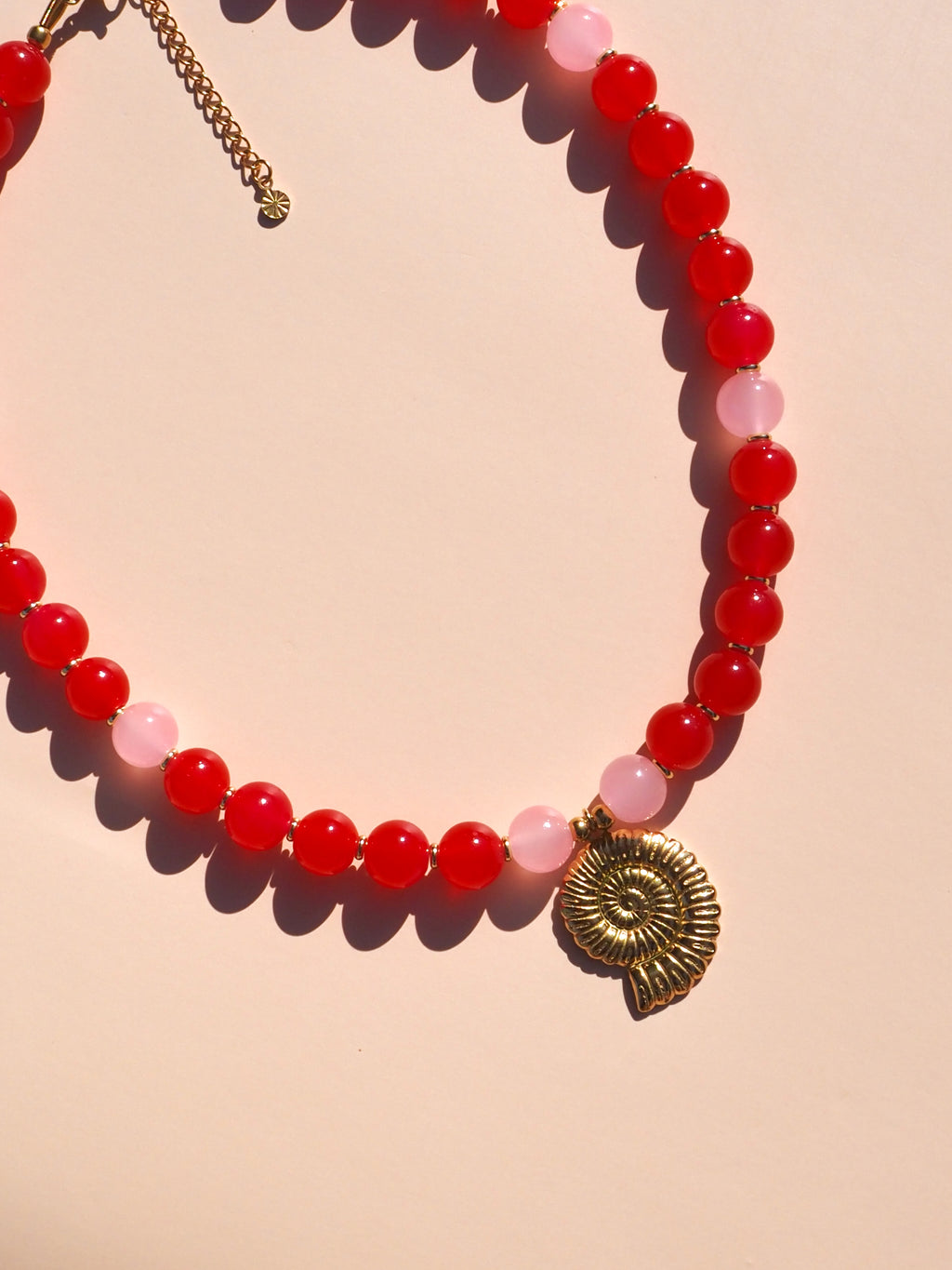 Spiral Shell Red & Pink Beaded Necklace