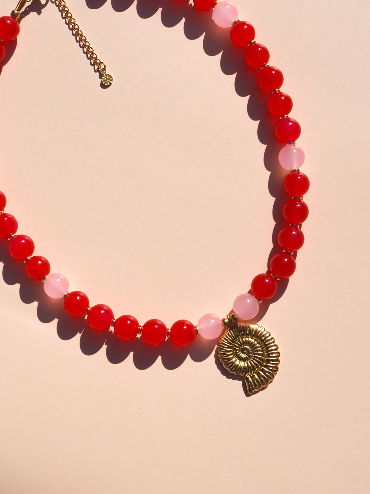 Spiral Shell Red & Pink Beaded Necklace