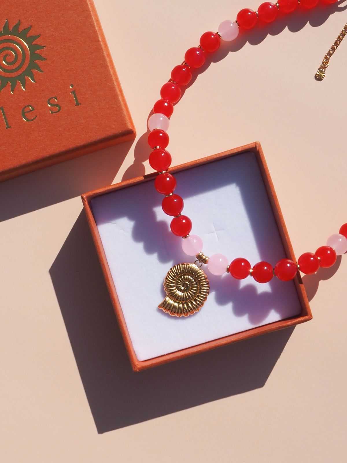 Spiral Shell Red & Pink Beaded Necklace
