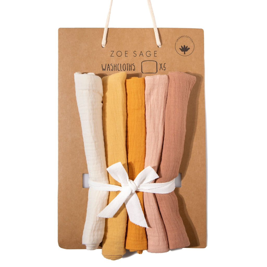Zoe Sage Organic Muslin Wash Cloths 5 Pack - Golden Harvest